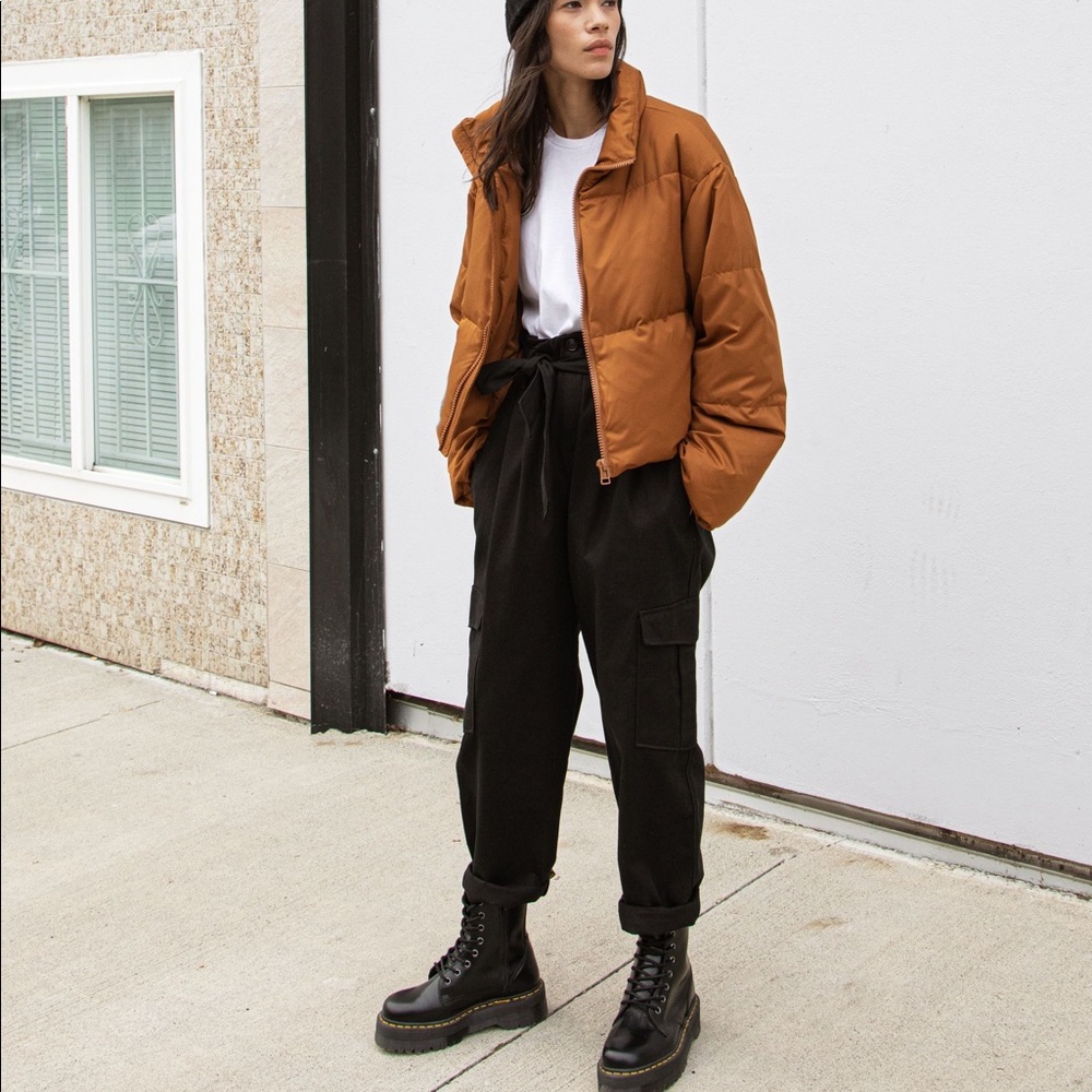 Black Paperbag Style Cargo Wide Leg Pants